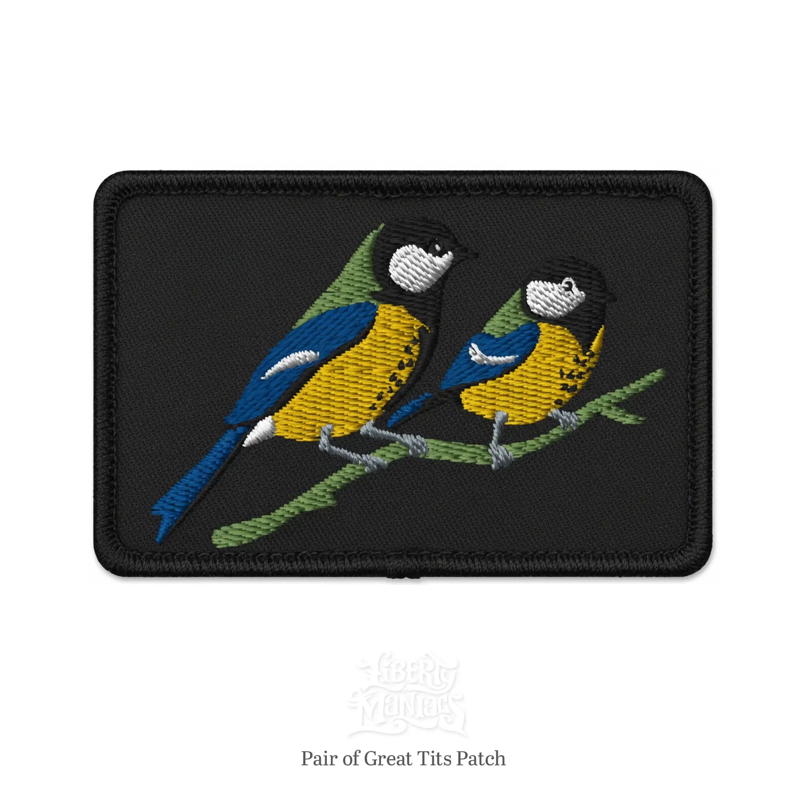 Embroidered patch of a pair of Great Tits birds on a black background