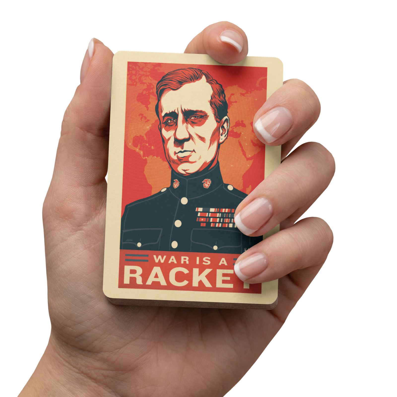 Hand holding a card with a graphic design and text on a white background