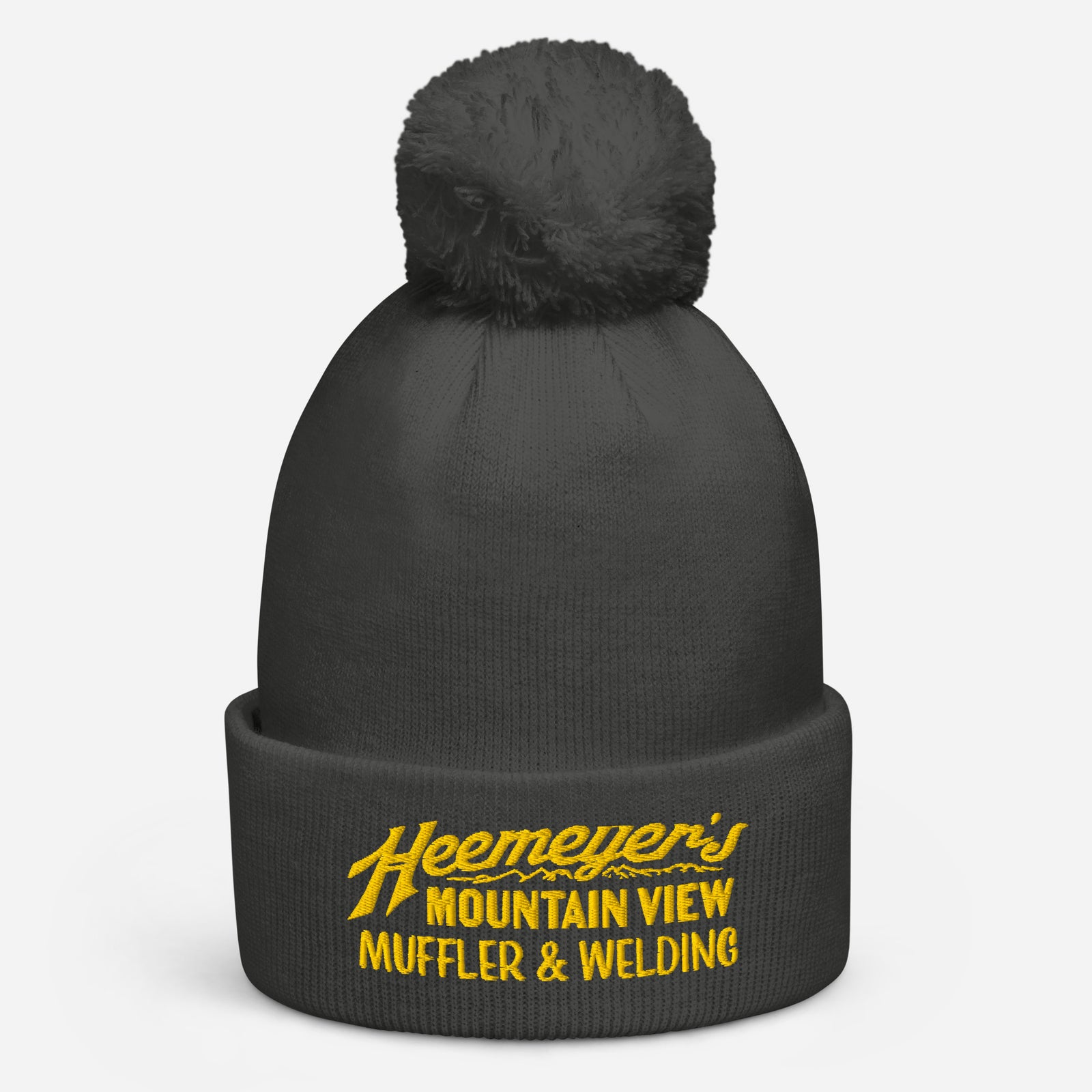 Graphite grey Heemeyer’s Mountain View Muffler embroidered pom-pom beanie, front product view