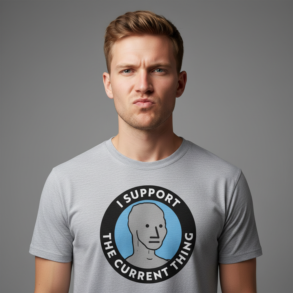 Man wearing a gra Liberty Maniacs t-shirt with a graphic and text 'I Support the Current Thing' on a gray background