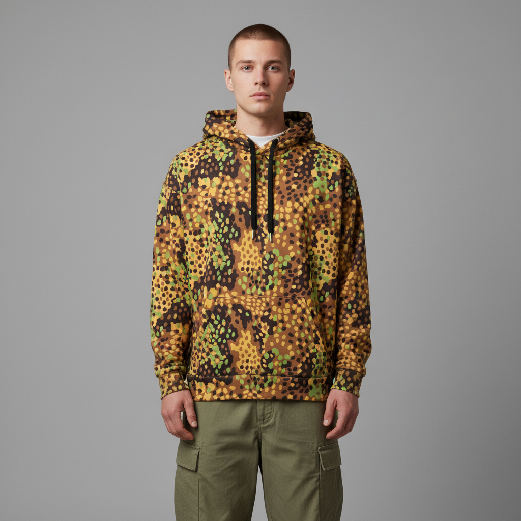 Man wearing a Erbsenmuster camouflage-patterned hoodie from Liberty Maniacs on a gray background