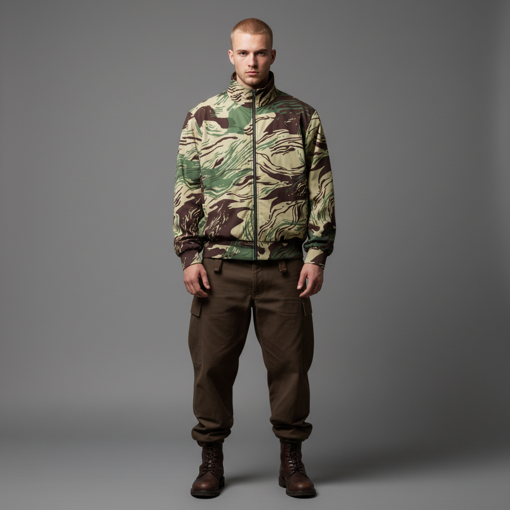 Model standing full-body in Rhodesian Brushstroke Camo Track Jacket with cargo pants by Liberty Maniacs