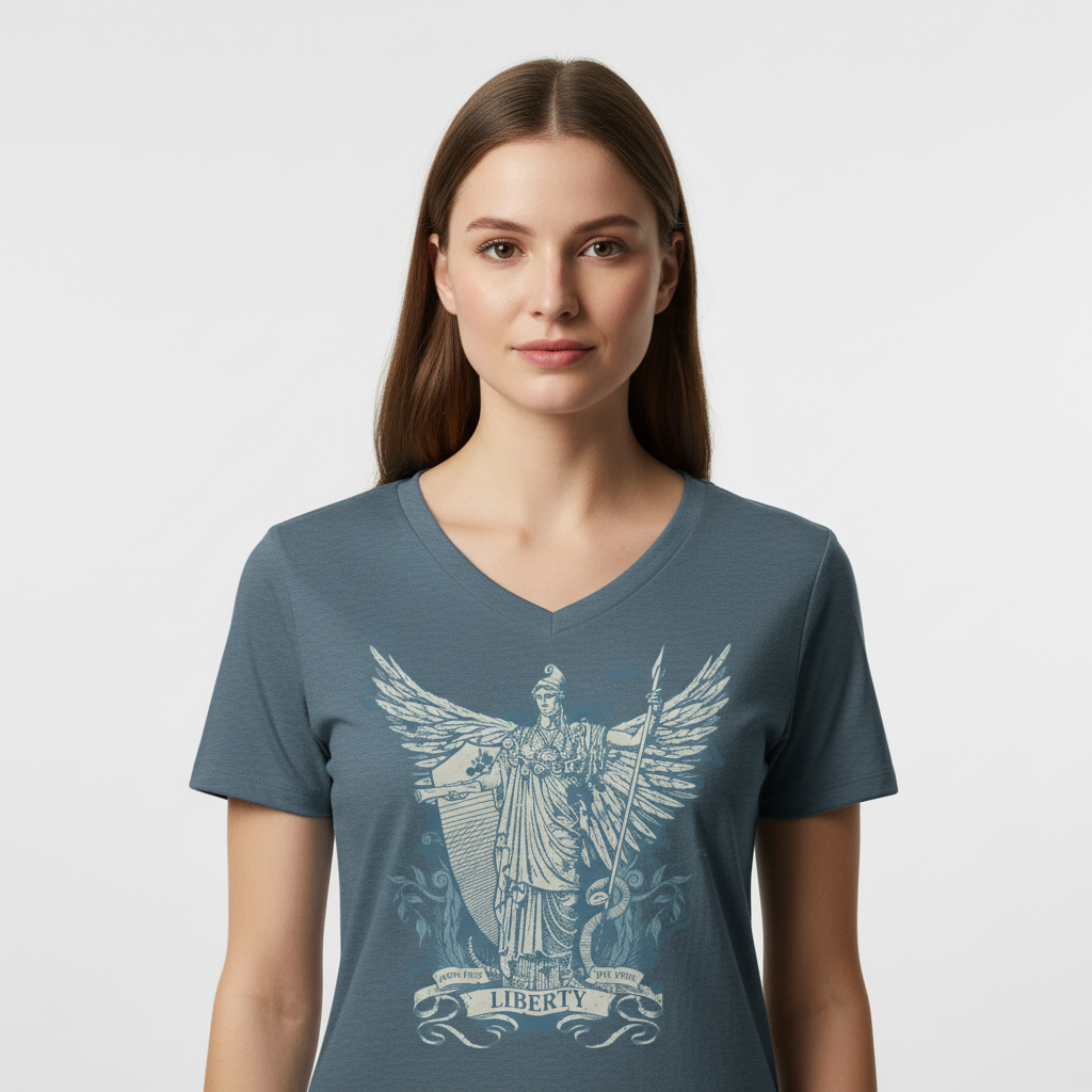 woman wearing a relaxed fit blue v-neck t-shirt with a graphic of the Roman Goddess Libertas on the front by Liberty Maniacs