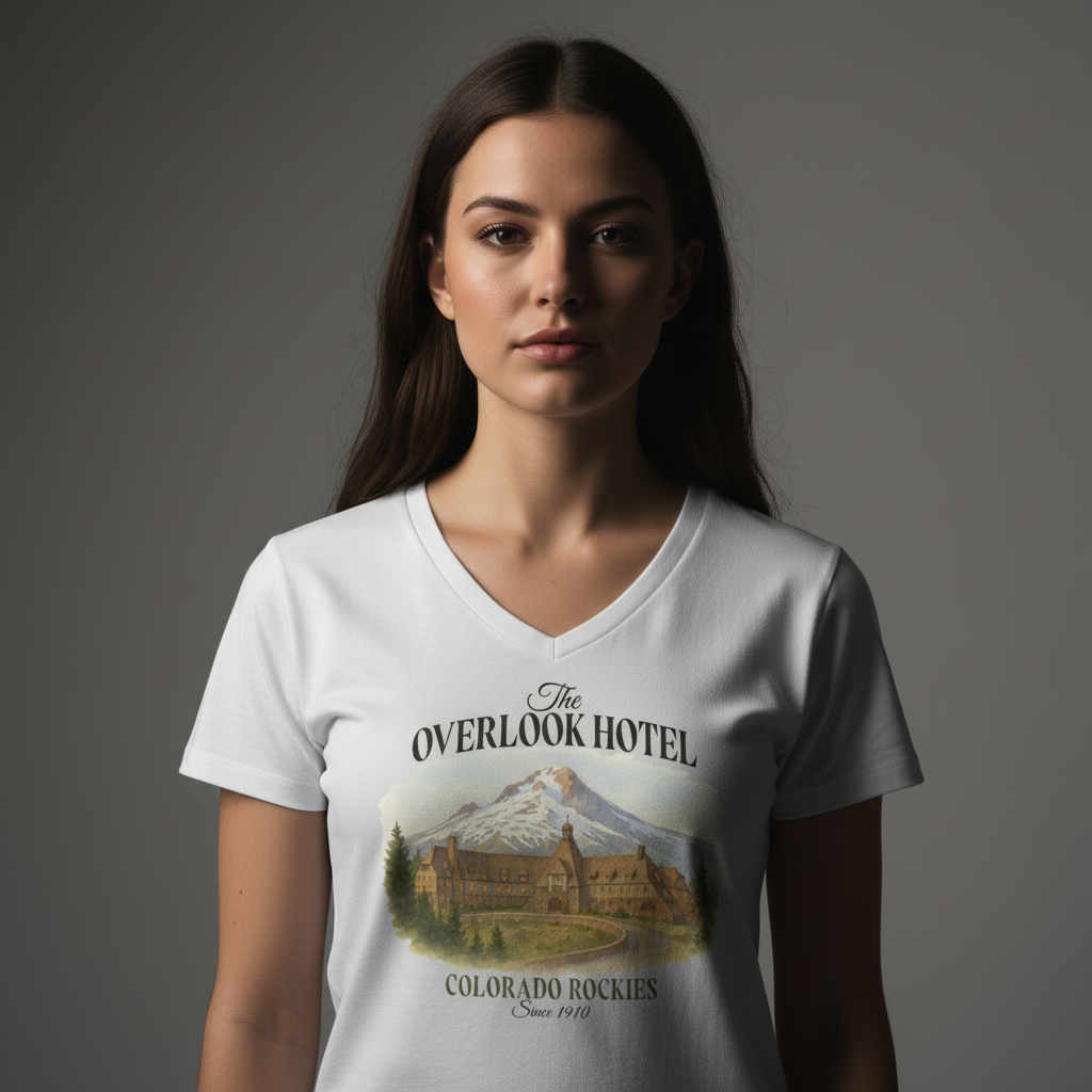 Woman wearing a white t-shirt with 'The Overlook Hotel' design on a gray background