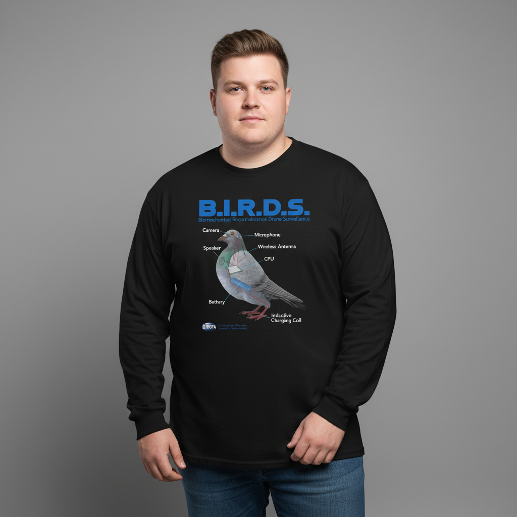 Man in a 3XL black long-sleeve B.I.R.D.S. shirt showing pigeon surveillance drone diagram with labeled parts including camera, microphone, speaker, CPU, battery, antenna, and charging coil.