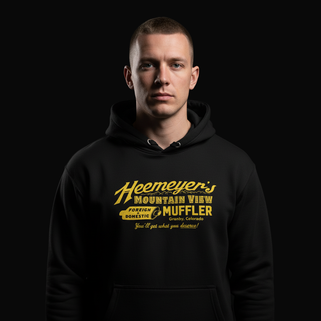 Person wearing a black hoodie with yellow text on a dark background