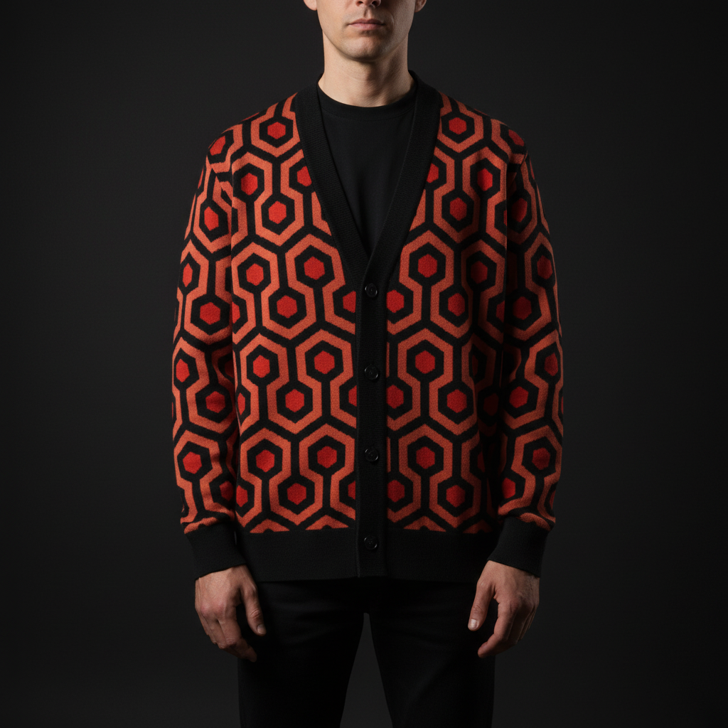 Person wearing a red and black patterned cardigan on a black background called the Overlook Knit Cardigan – The Shining Carpet Sweater