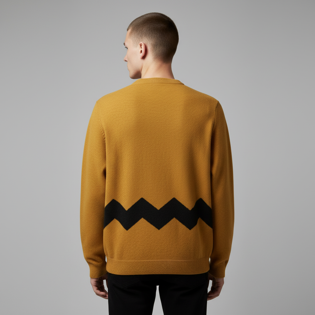 Man wearing a mustard yellow Charlie Brown inspired sweater with black zigzag pattern on a gray background