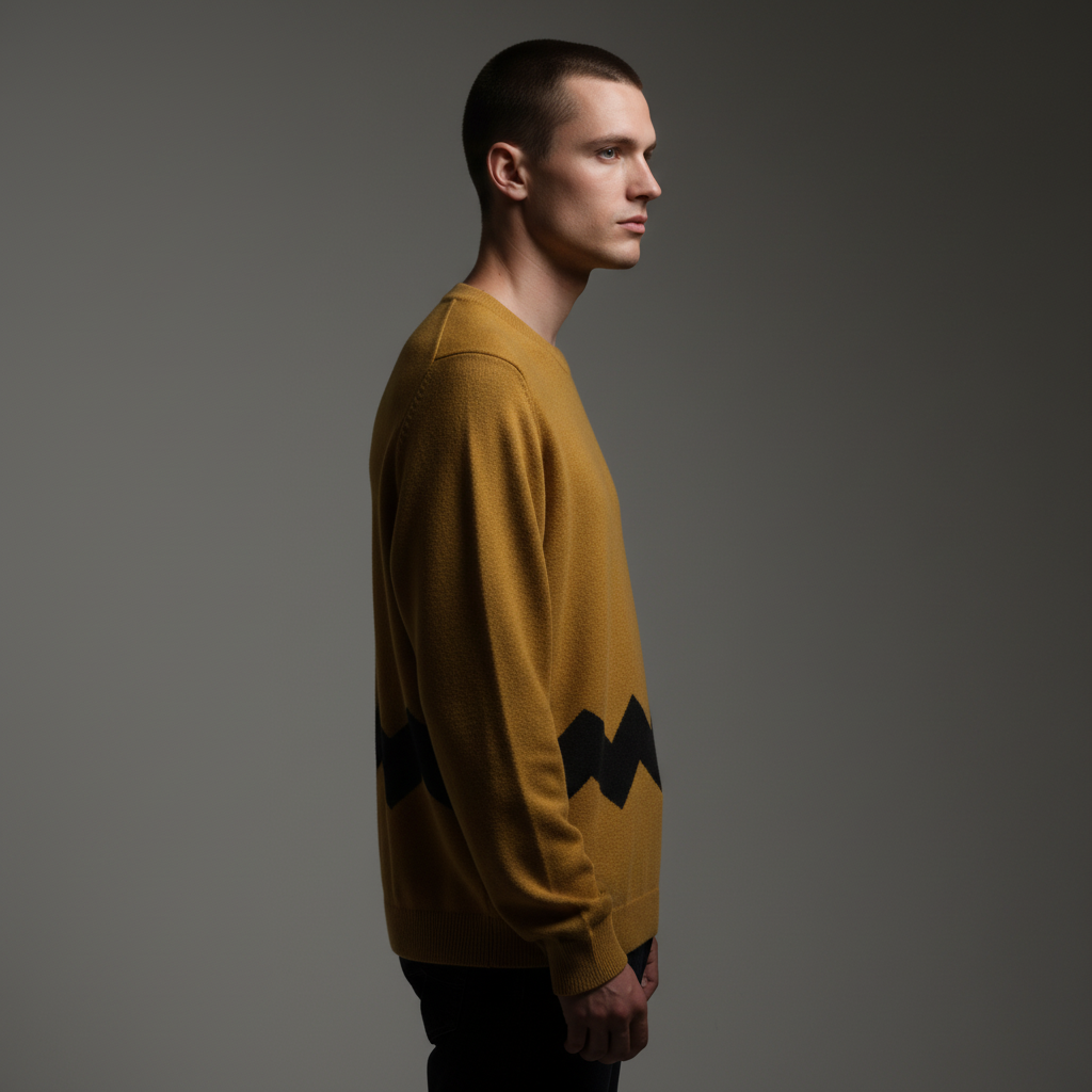 Man wearing a mustard yellow Charlie Brown inspired sweater with black zigzag pattern on a gray background