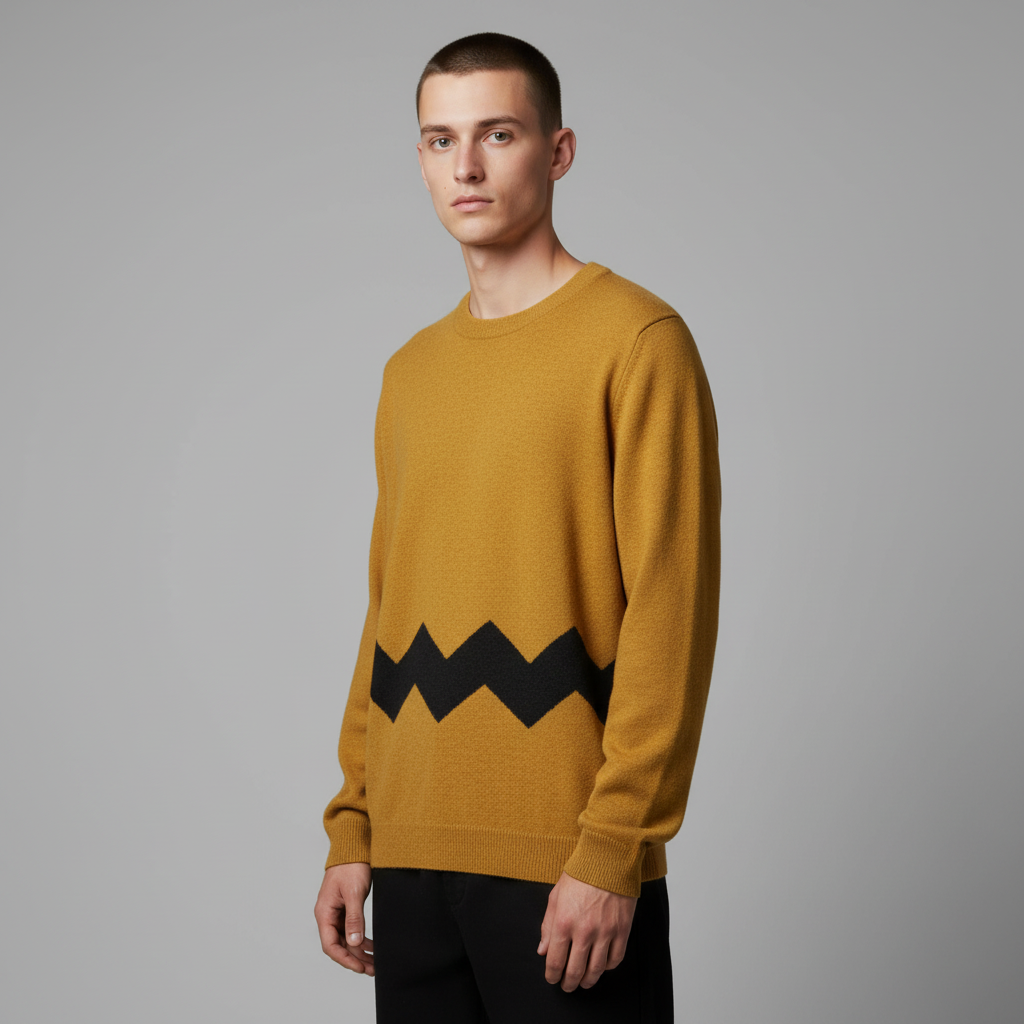Man wearing a mustard yellow Charlie Brown inspired sweater with black zigzag pattern on a gray background