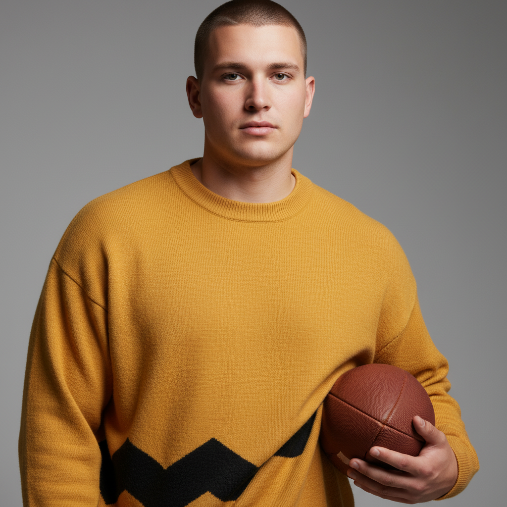 Man wearing a mustard yellow sweater holding a football against a gray background