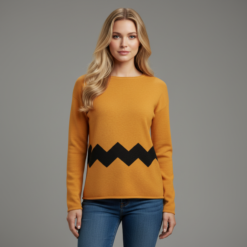 Woman wearing a mustard yellow sweater with a black zigzag pattern on a gray background