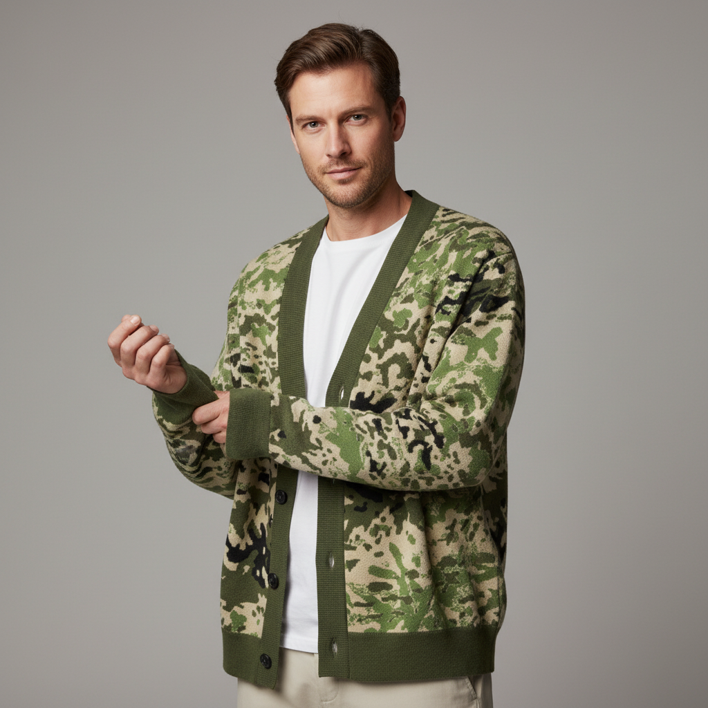 Man wearing a camouflage cardigan over a white shirt on a gray background