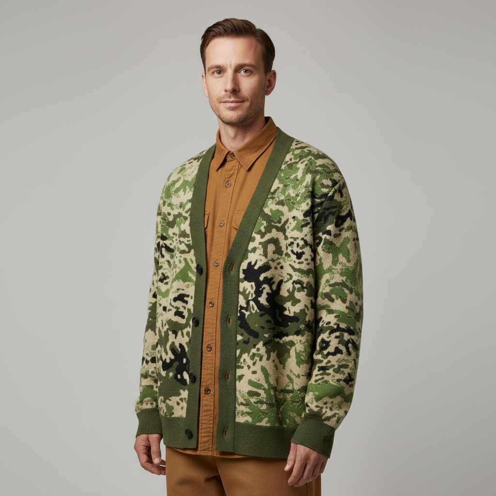 Man wearing a camouflage cardigan over a brown shirt on a gray background