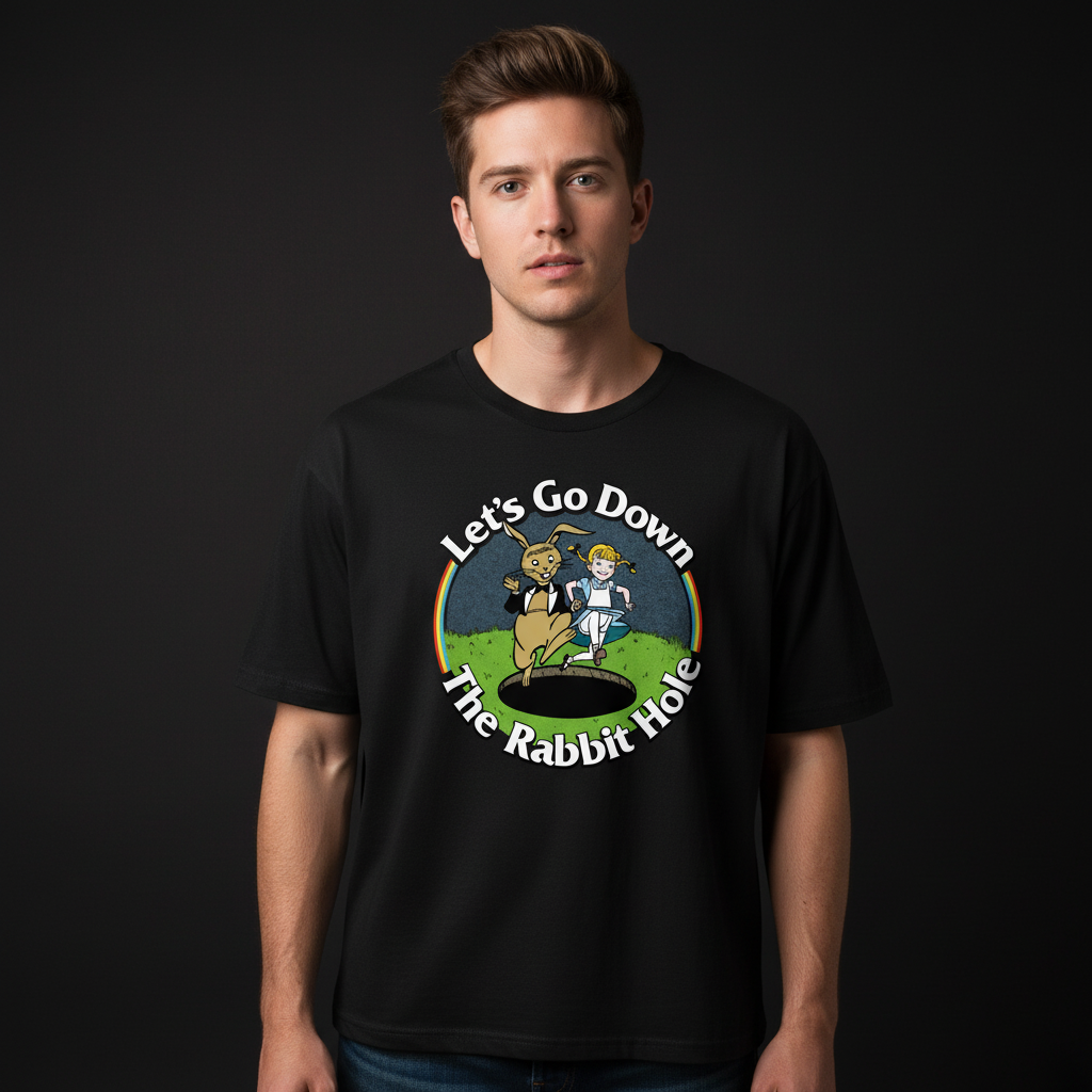 Man wearing a black Let's Go Down the Rabbit Hole T-Shirt by Liberty Maniacs