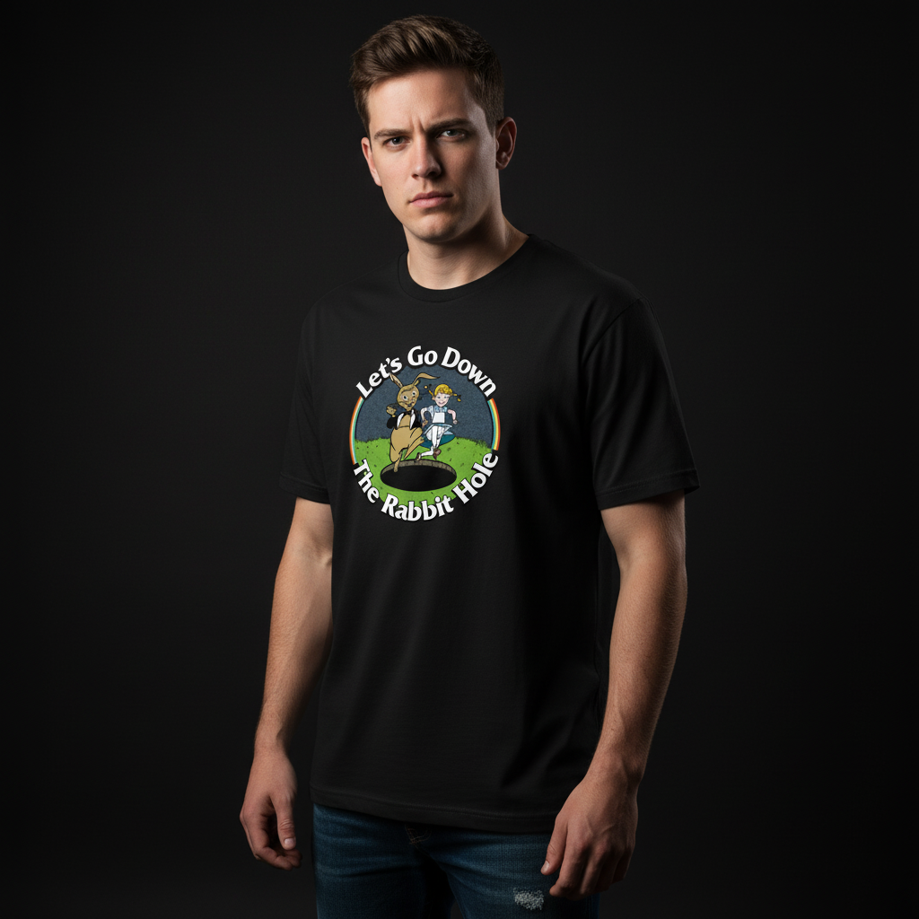 Man wearing a black Let's Go Down the Rabbit Hole T-Shirt by Liberty Maniacs