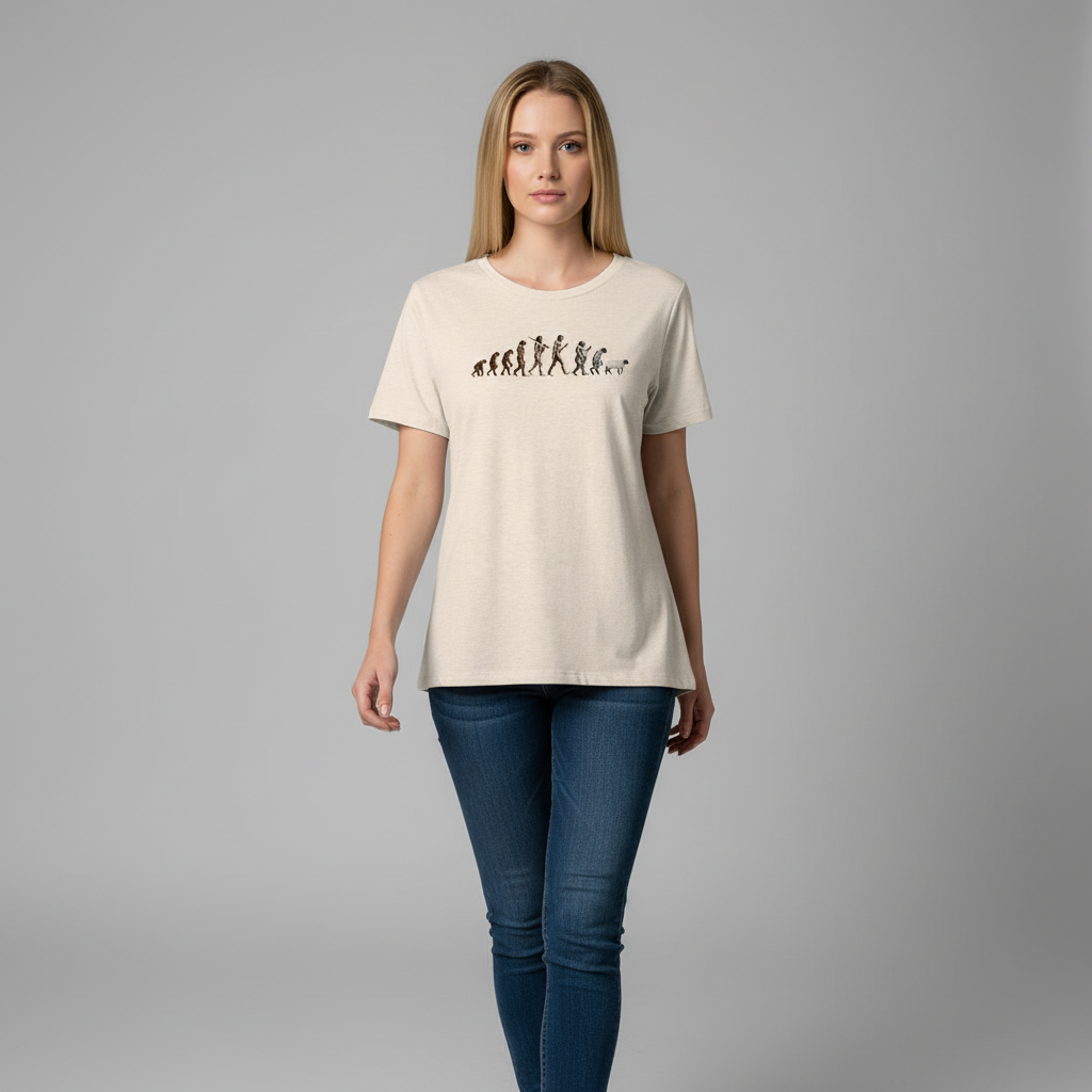 Woman wearing a beige t-shirt with a graphic design on a gray background