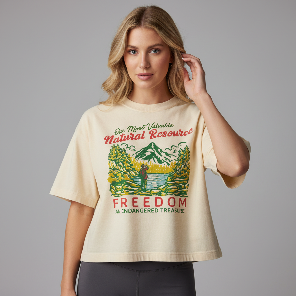 Woman wearing boxy crop tee with Freedom an Endangered Treasure graphic