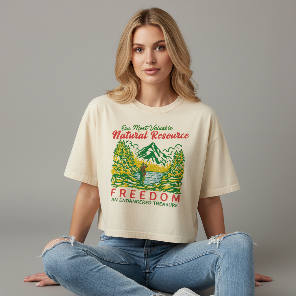 Woman wearing boxy crop tee with Freedom an Endangered Treasure graphic