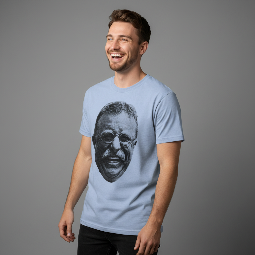 Man wearing a light blue Teddy Roosevelt Laugh Garment-dyed Heavyweight Tee on a gray background