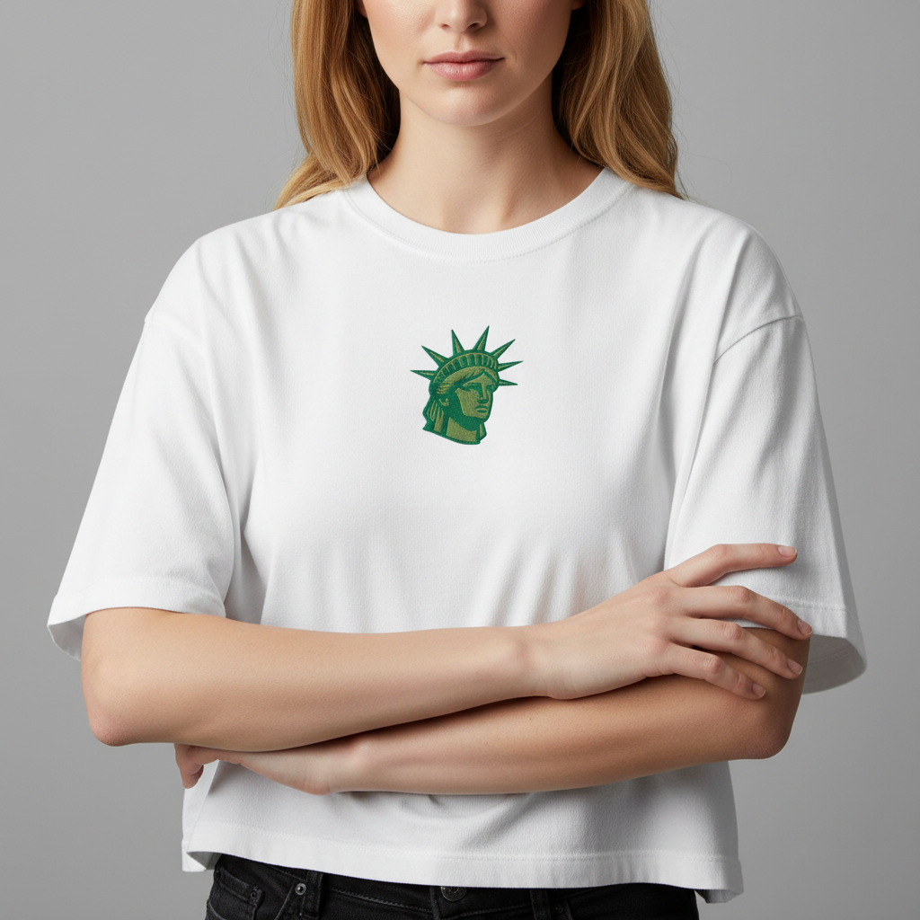 Relaxed fit women’s crop tee with Lady Liberty embroidery styled with jeans