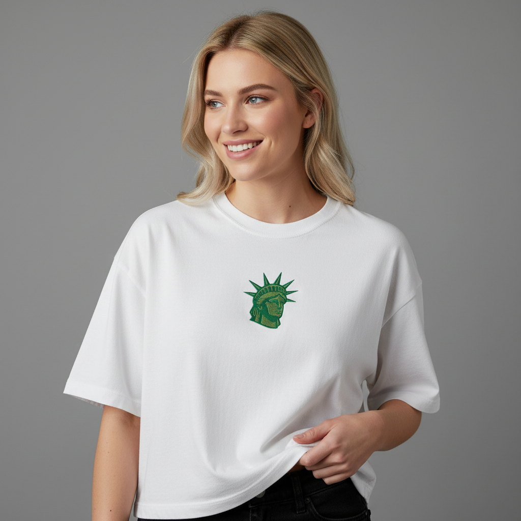 Woman wearing white embroidered Lady Liberty women’s boxy crop tee