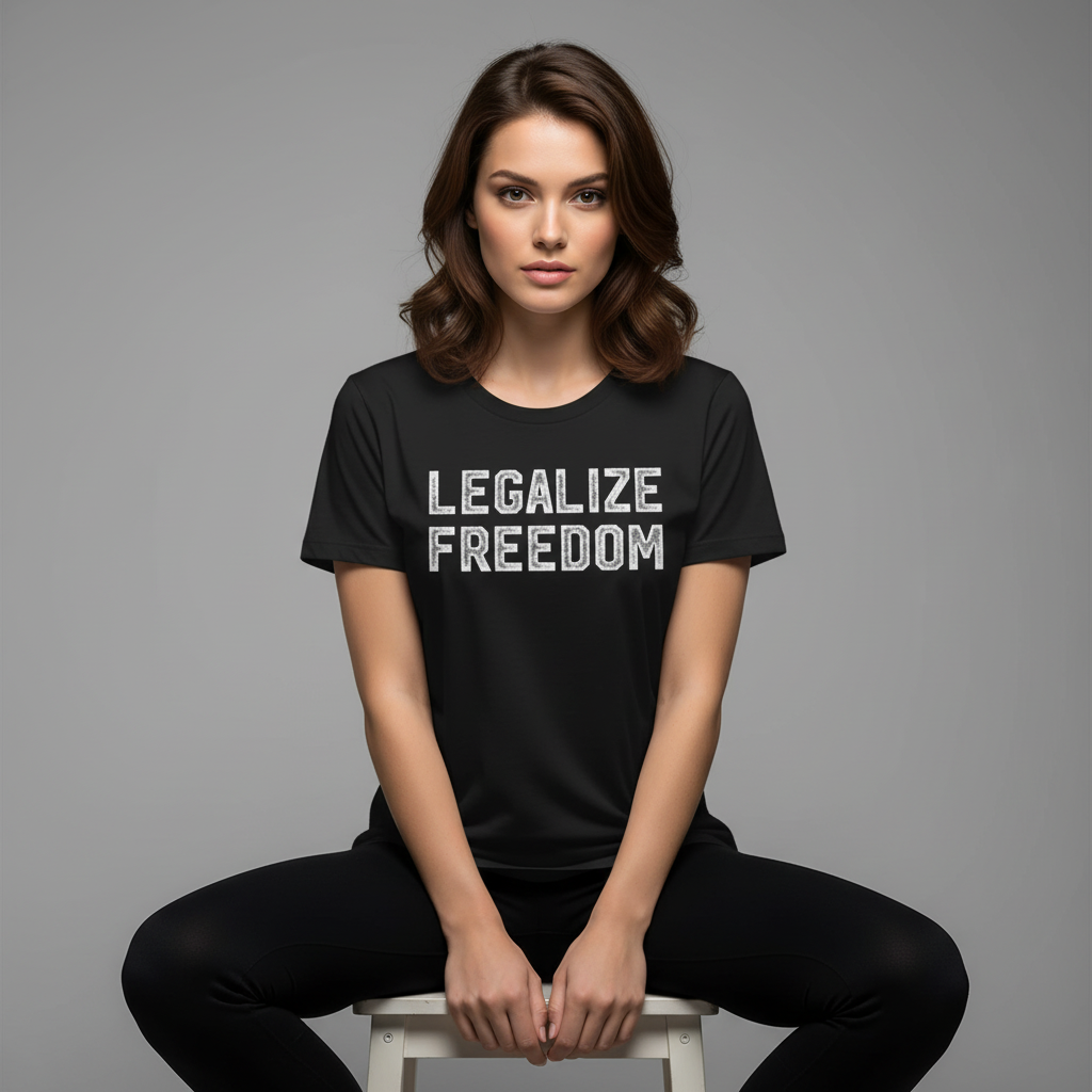 Woman wearing a black t-shirt with 'LEGALIZE FREEDOM' text on a gray background
