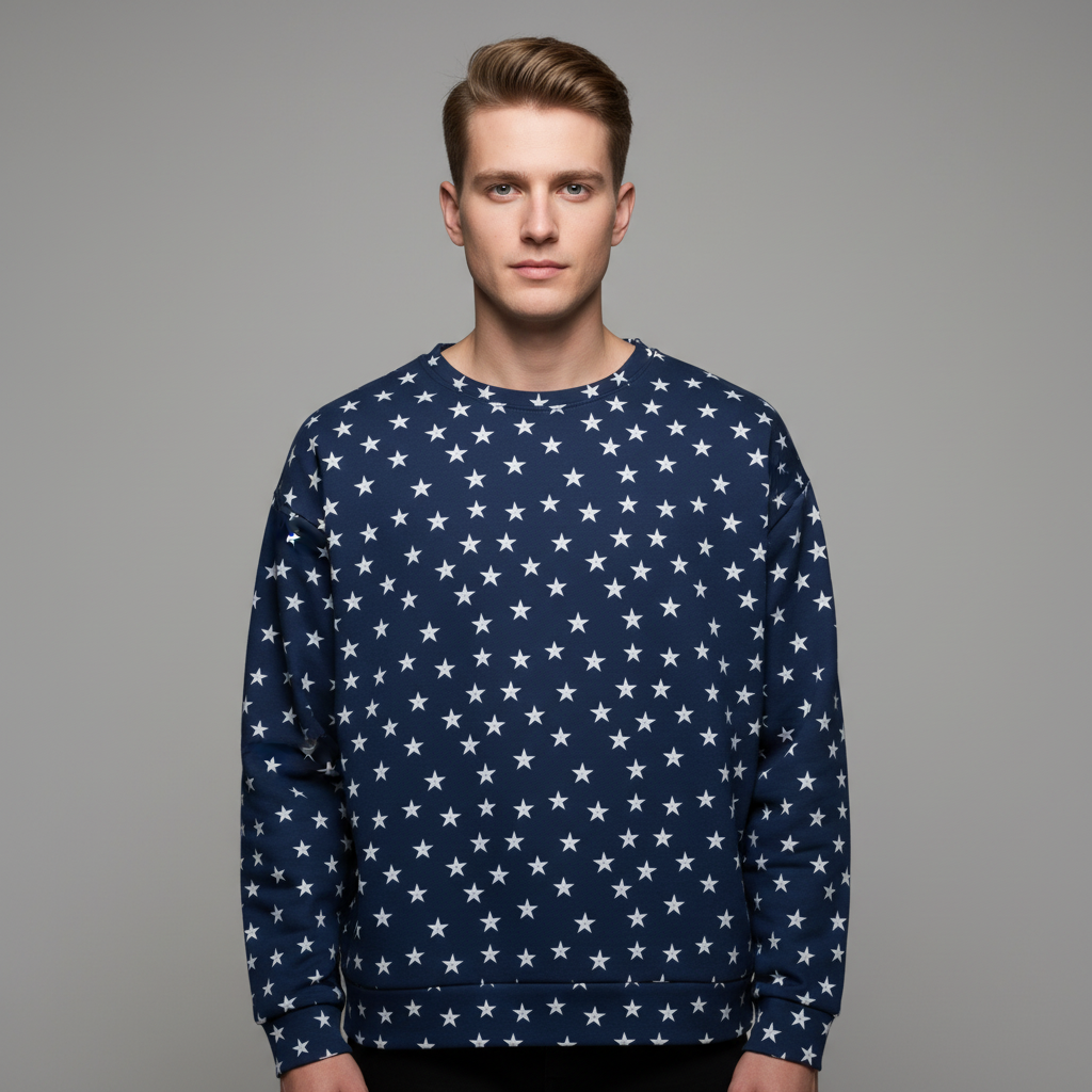 Man wearing a navy blue sweater with white star pattern against a gray background