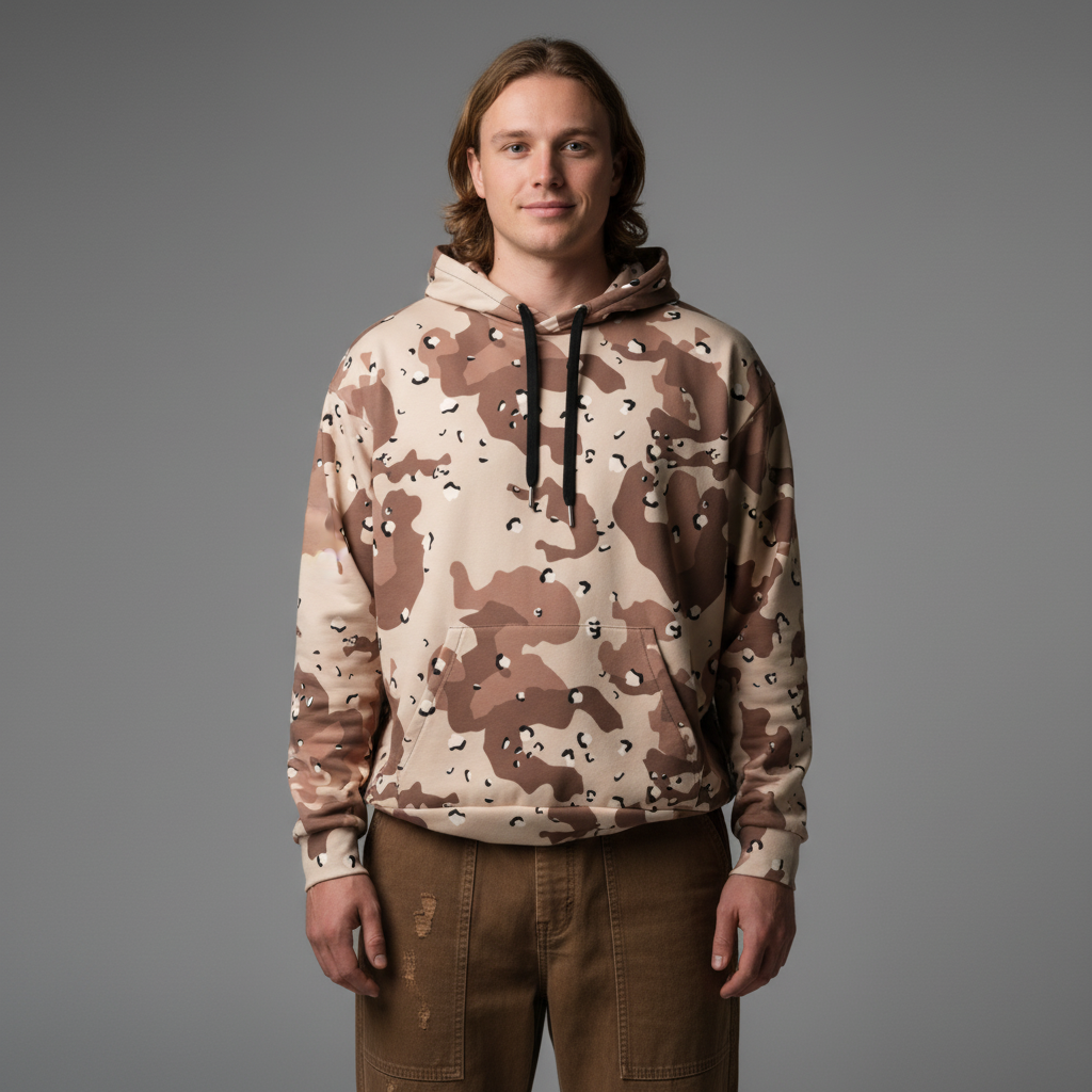 Person wearing a camouflage hoodie on a gray background