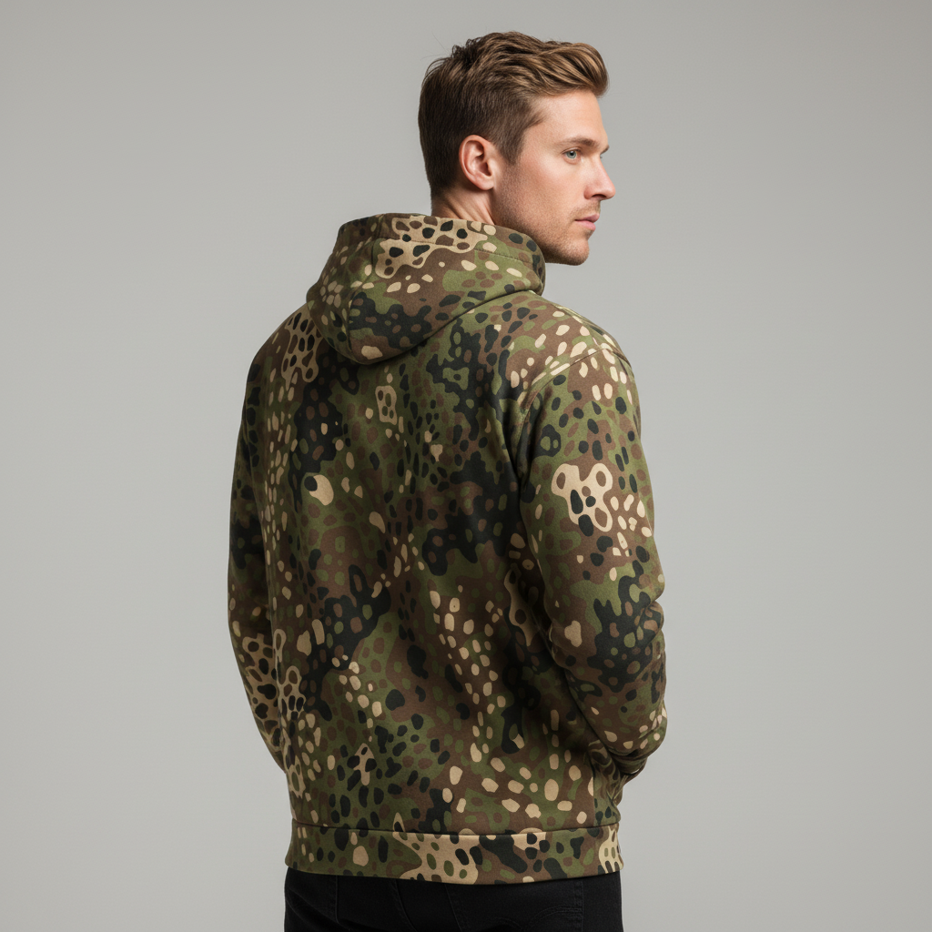 Man wearing a camouflage hoodie on a gray background