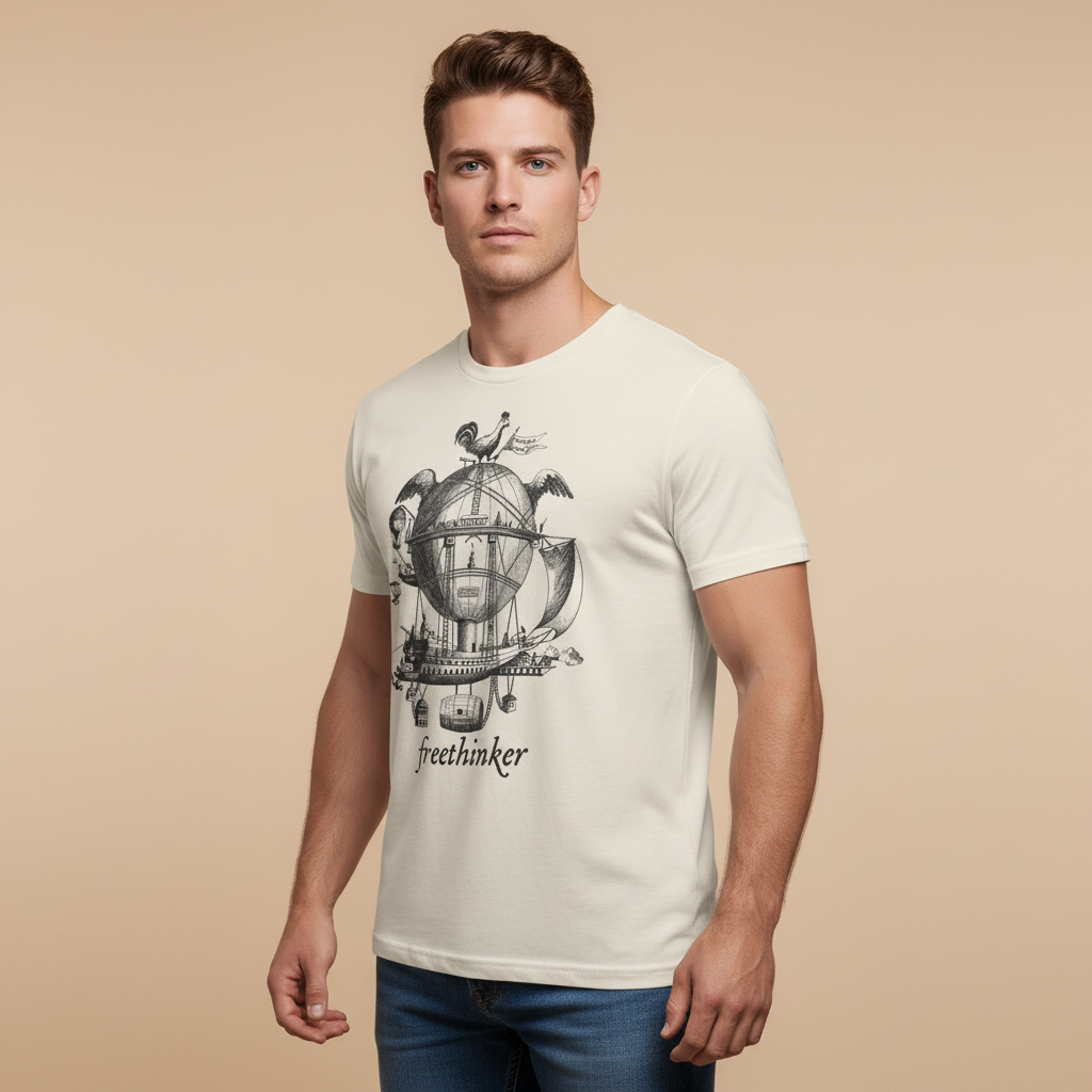 Man wearing a white t-shirt with a graphic design and the word 'freethinker' on a beige background