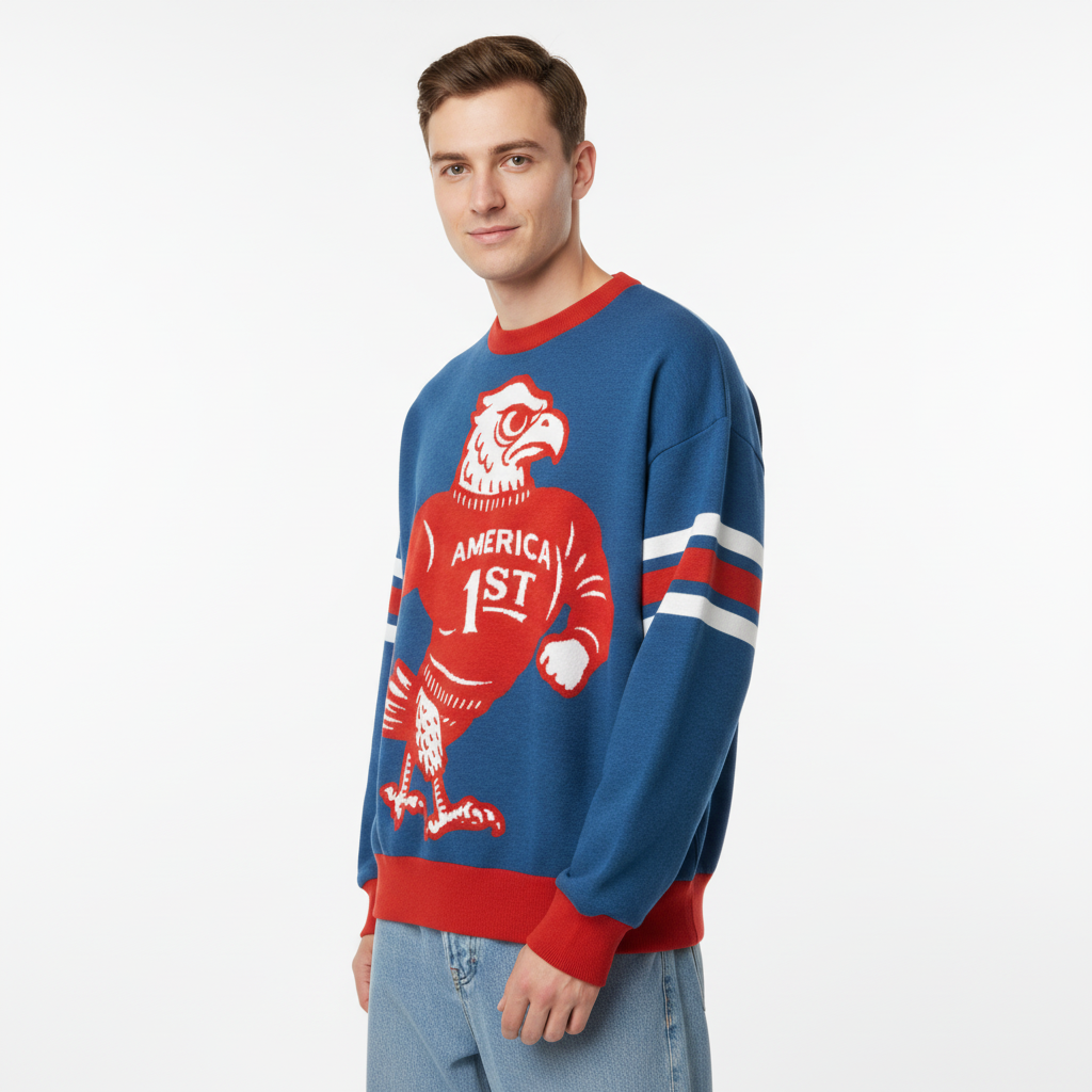 Man wearing a blue America 1st knit sweater with a red and white design on a light gray background