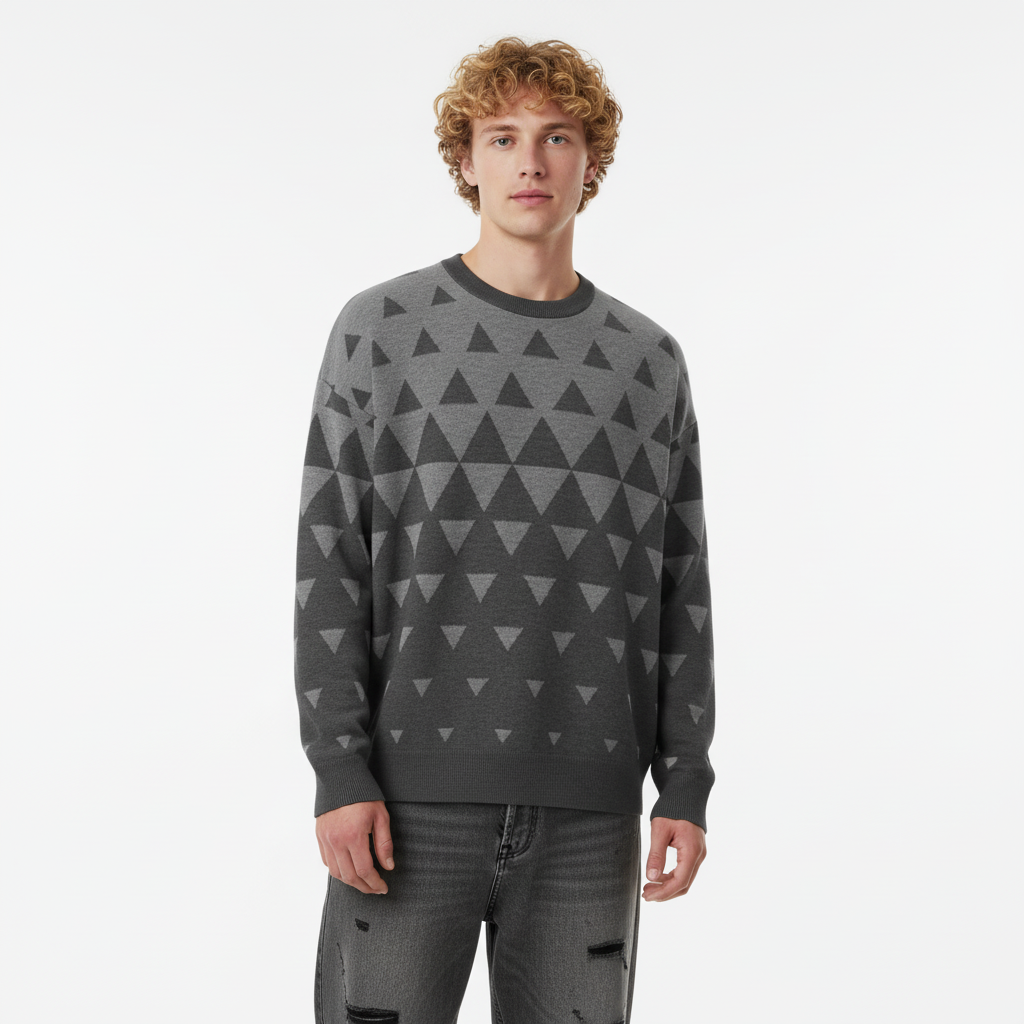 Man wearing a gray sweater with triangle pattern on a white background