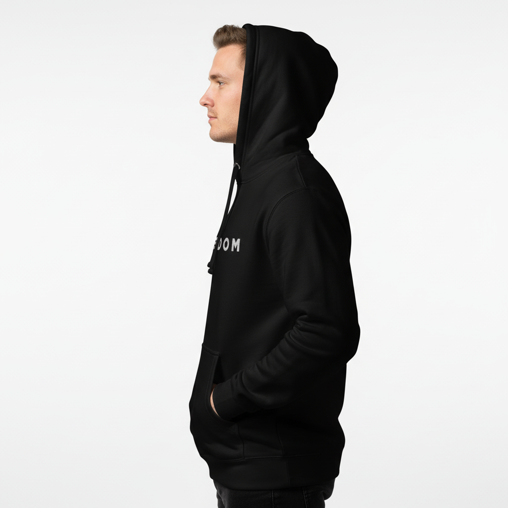 Person wearing a black hoodie with 'FREEDOM' branding on a white background