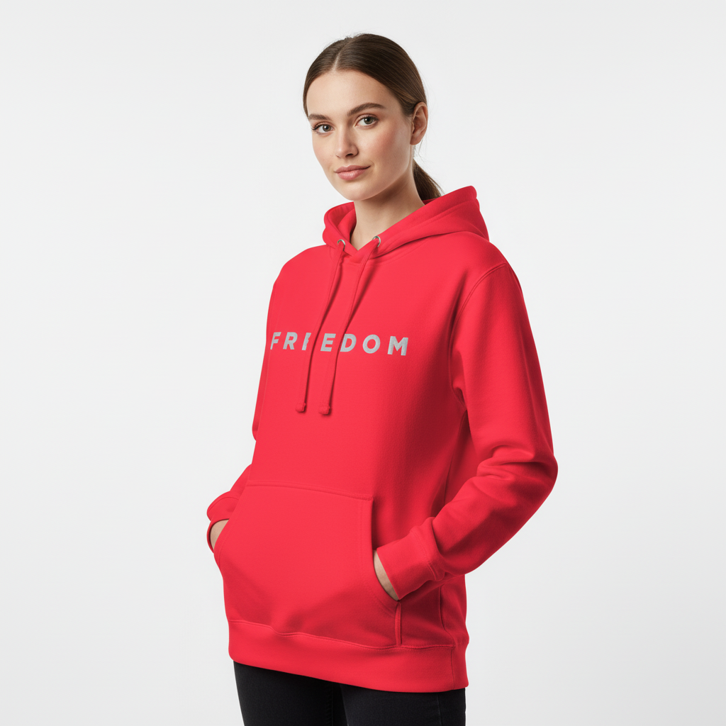 Woman wearing a red hoodie with 'FREEDOM' text on a light gray background