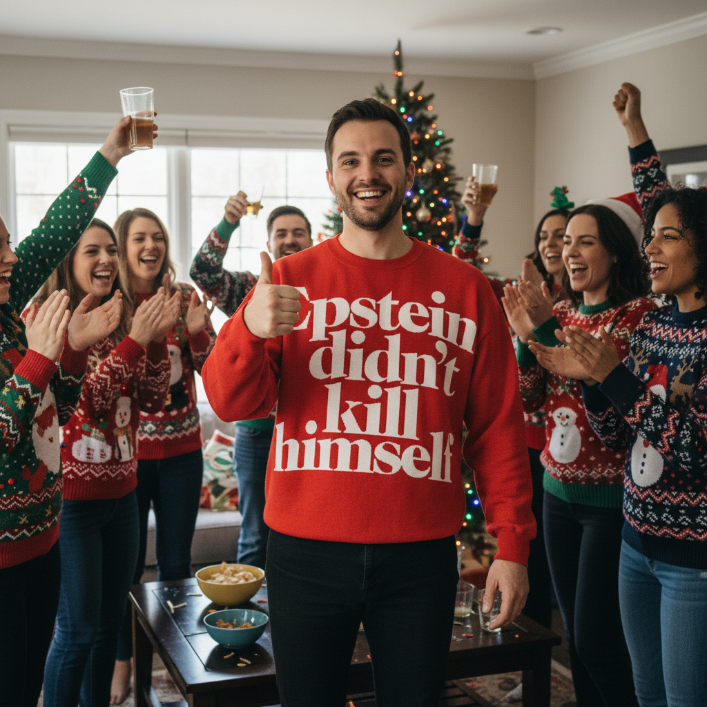 Group of people wearing festive sweaters in a living room with a Christmas tree.