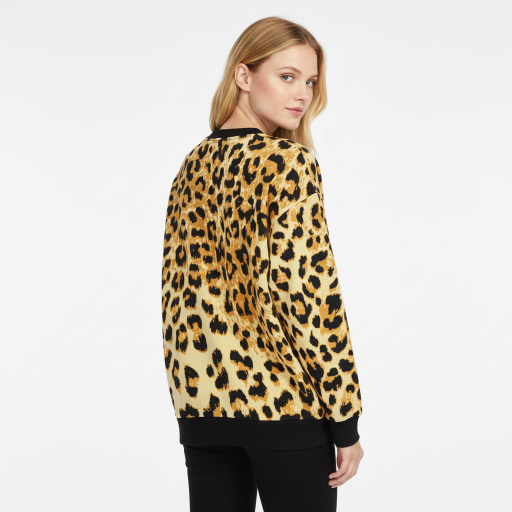 Woman wearing a leopard print sweater on a white background