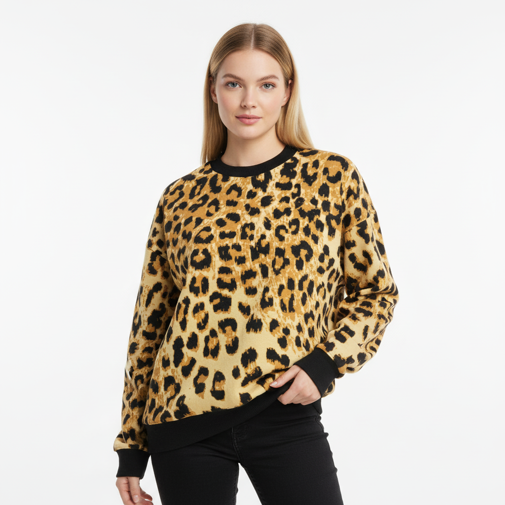 Woman wearing a leopard print sweater on a white background
