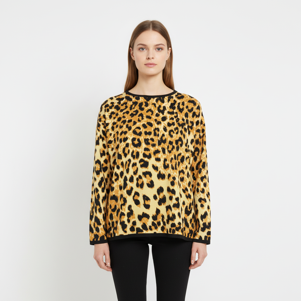Woman wearing a leopard print sweater on a white background