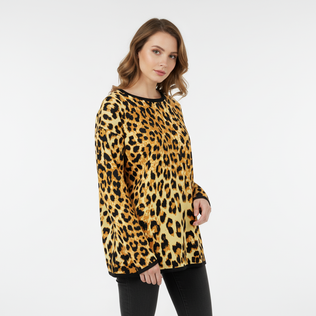 Woman wearing a leopard print sweater on a white background
