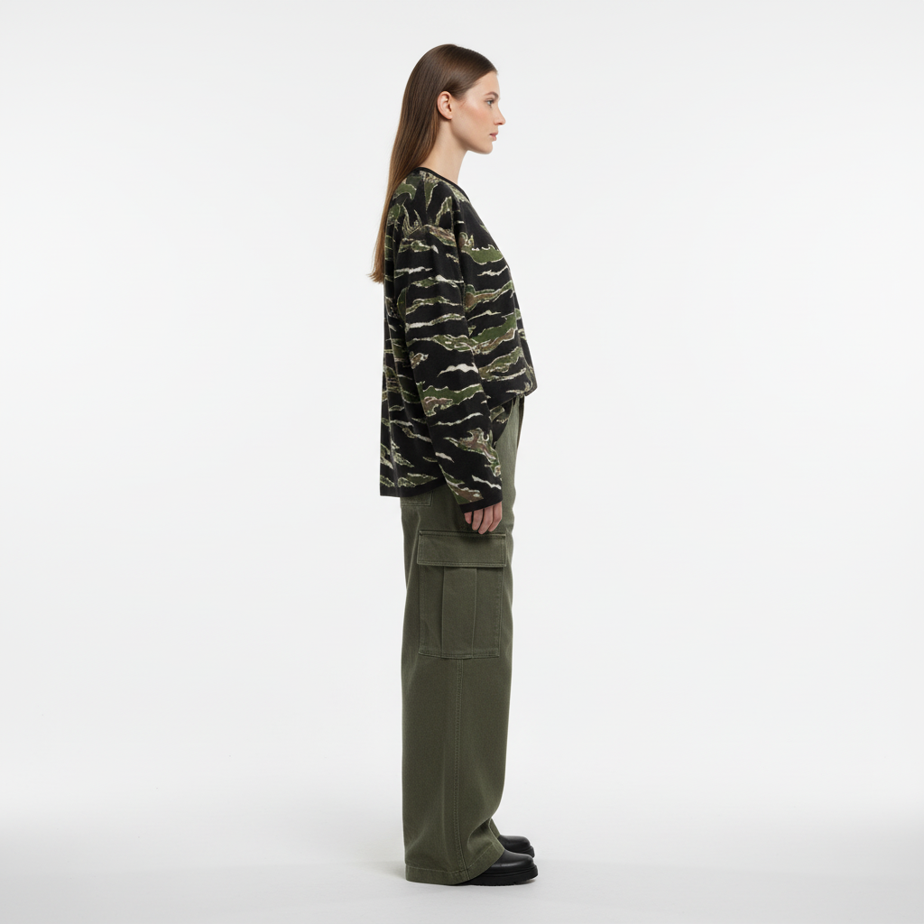 Person wearing a camouflage sweater and green pants on a white background