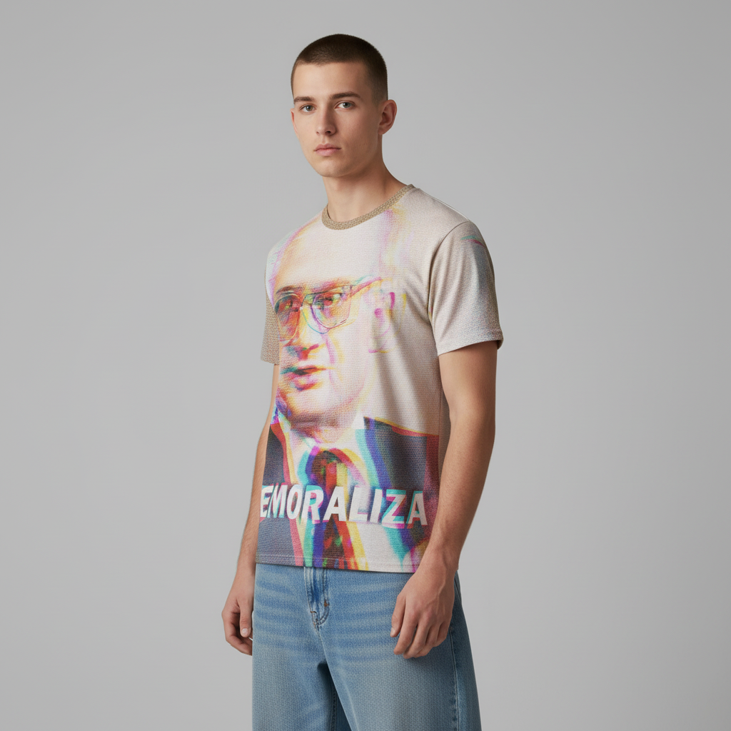 Man wearing a Yuri Bezmenov The Fourth Stages of Ideological Subversion Men’s cotton T-Shirt