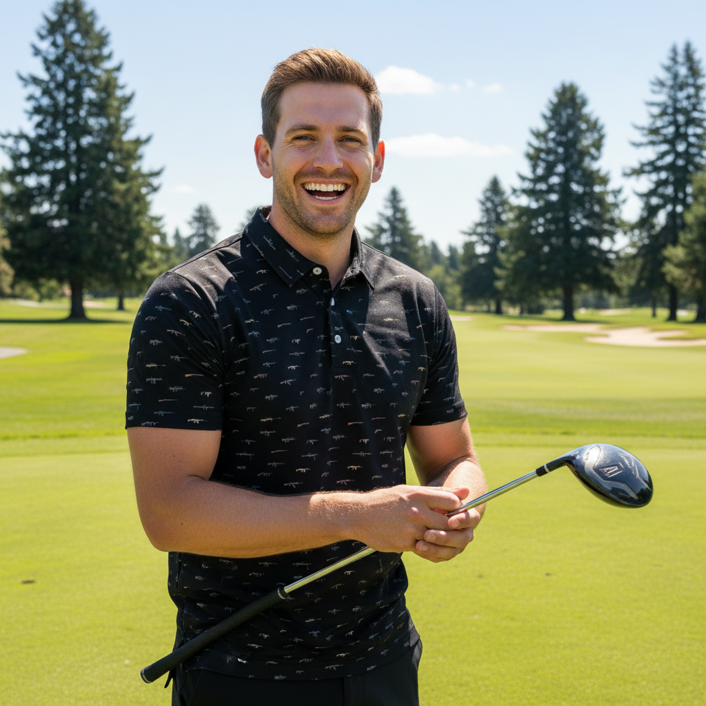 Man holding a golf club on a golf course with trees in the background