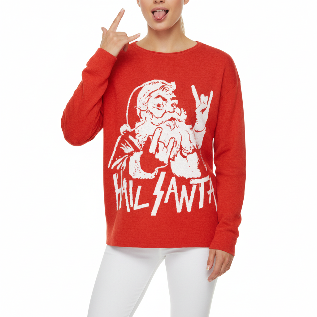 Person wearing a red sweater with 'Yall Santa' graphic design on a white background