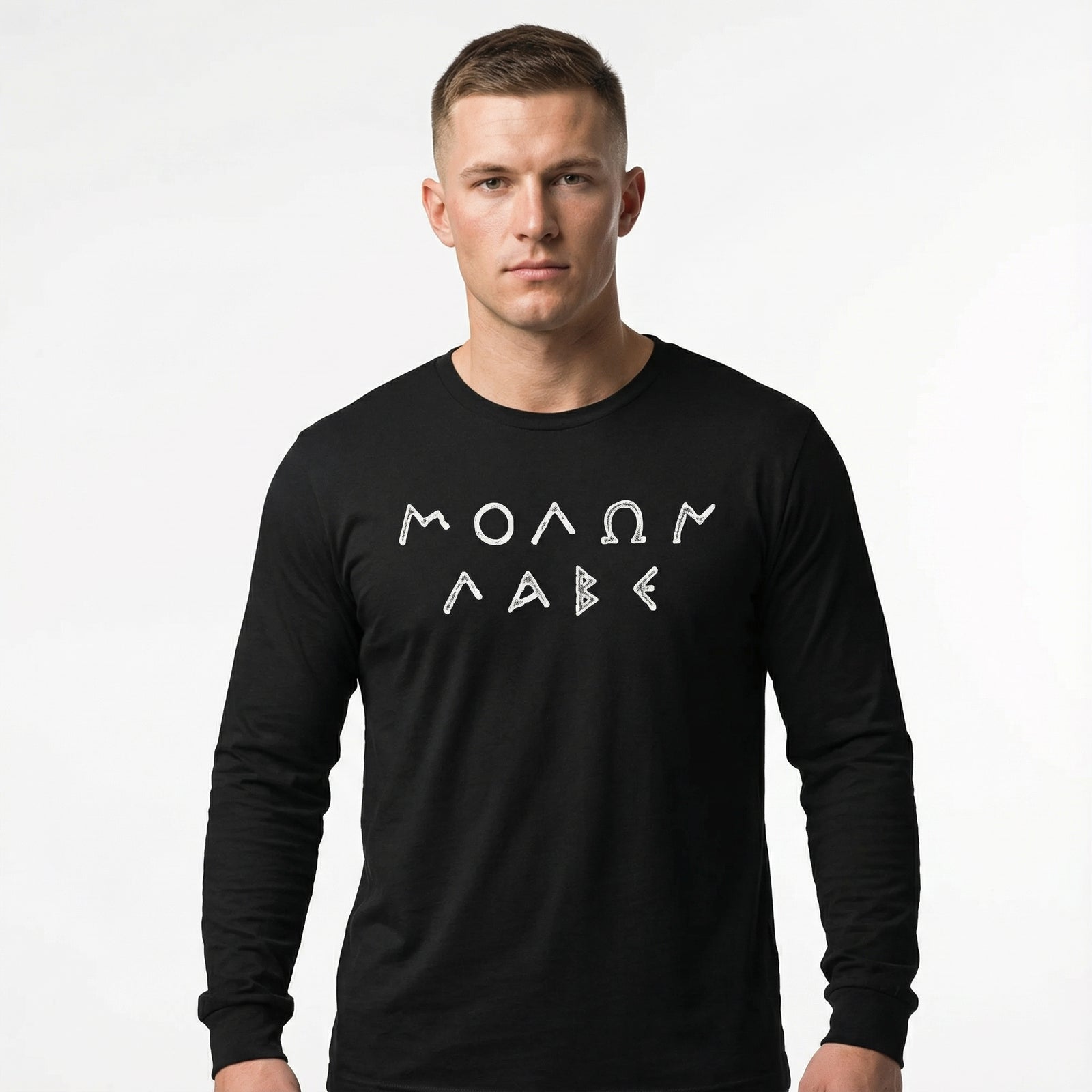 Man wearing a black long-sleeve shirt with white MOLAN LABE text on a white background