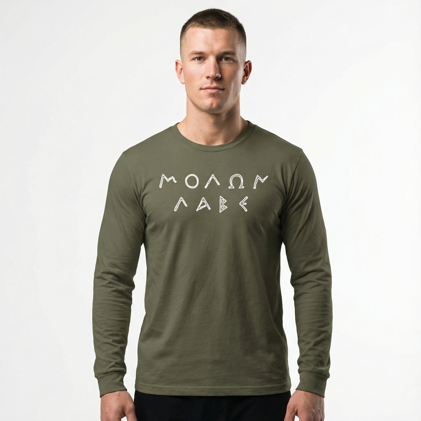 Man wearing an olive green long-sleeve shirt with white MOLAN LABE text on a white background
