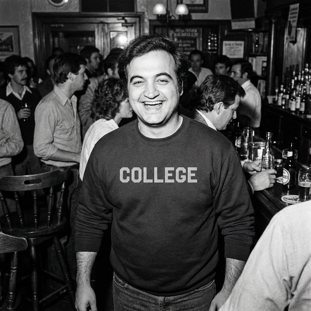John Belushi character wearing a 'COLLEGE' shirt in a bar setting with people and drinks around