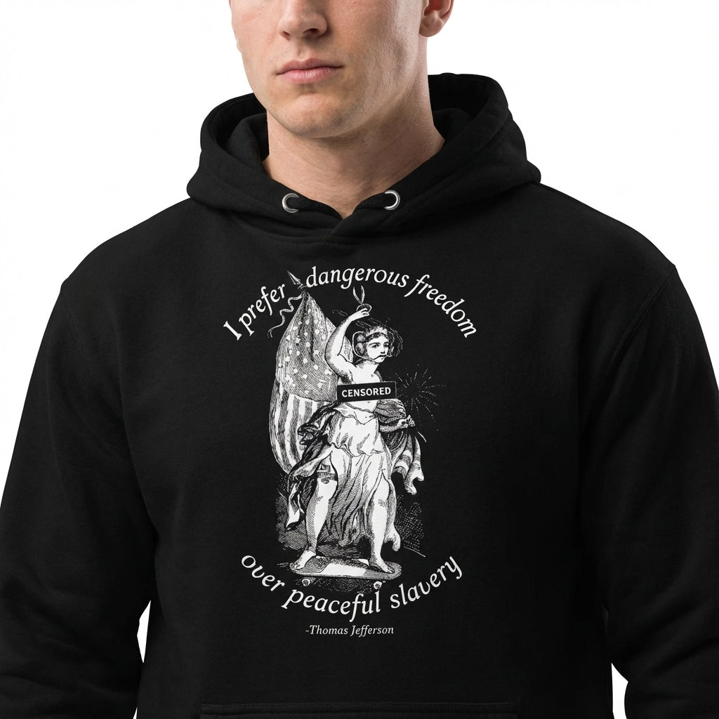 Black hoodie with graphic design and text, worn by a person