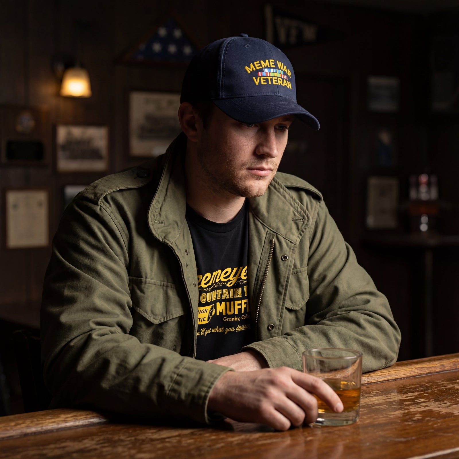 Man sitting at a VFW bar with a glass of whiskey, wearing a cap that says 'Meme War Veteran" by Liberty Maniacs