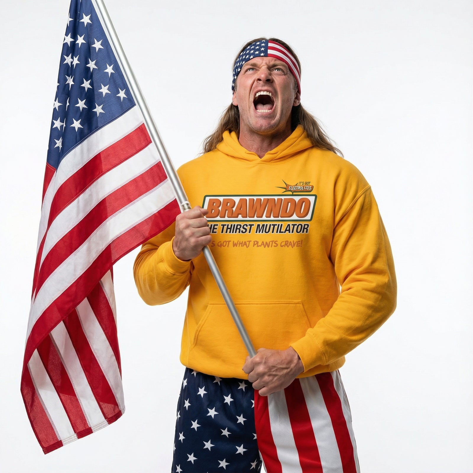 Person wearing a yellow hoodie with 'Brawndo' branding, holding an American flag.